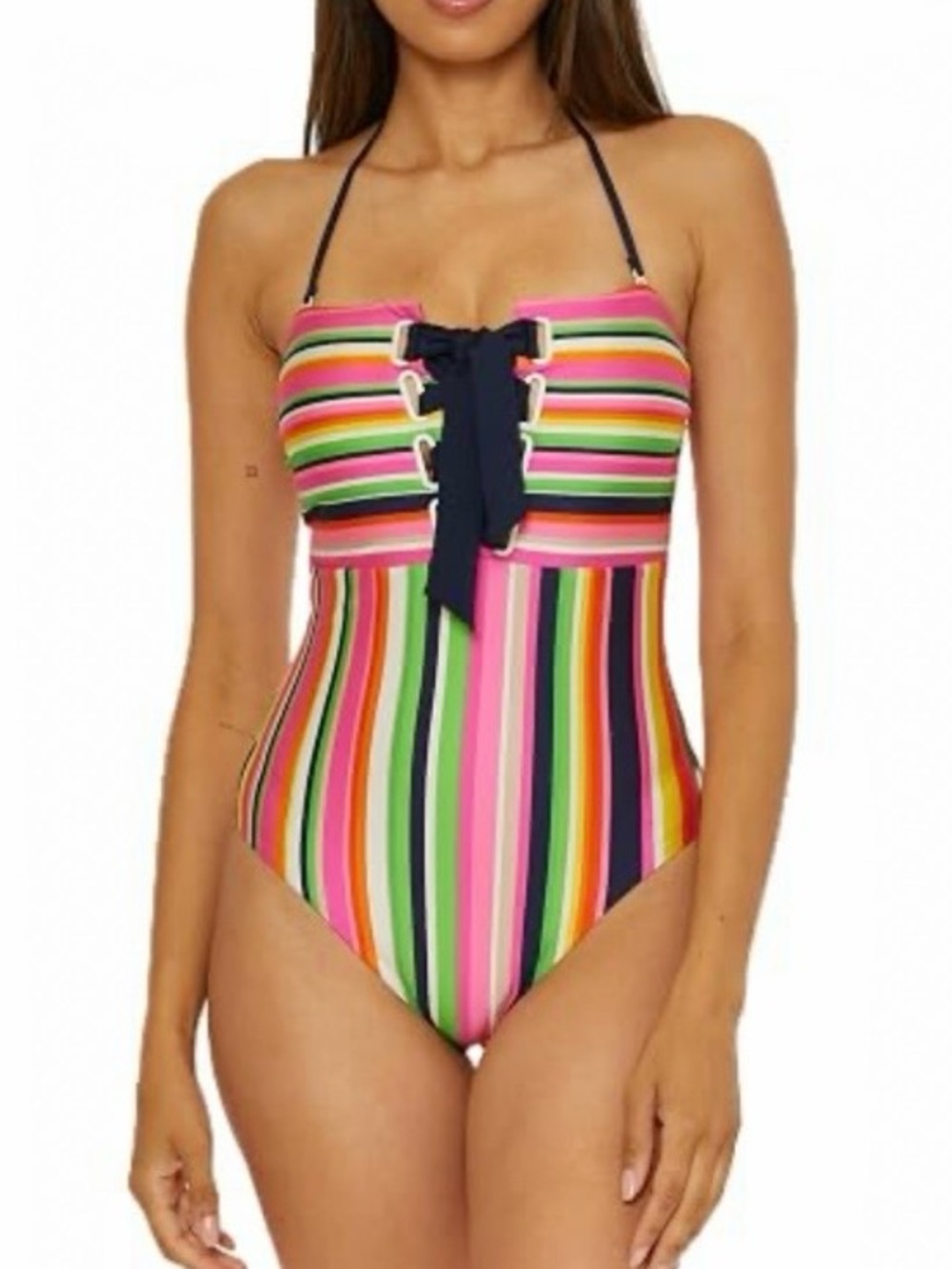NEW Trina Turk One Piece Swimsuit Striped Bandeau Navy Blue Multi Size 8